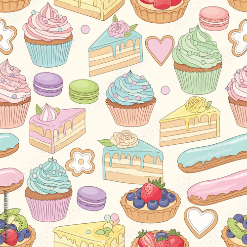A colorful pattern of various sweet treats including cupcakes, cakes, macarons, and eclairs on a white background with pastel colors and a playful mood.