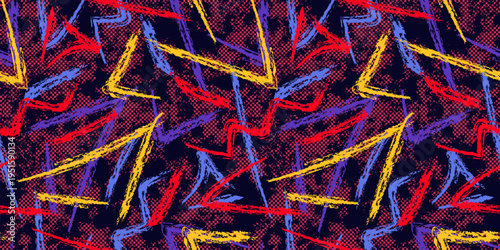 Abstract sporty seamless pattern. Urban street art style background with ink paint spots, brush strokes, lines. Vector grunge graffiti pattern. Red, blue, yellow, purple color. Trendy texture design