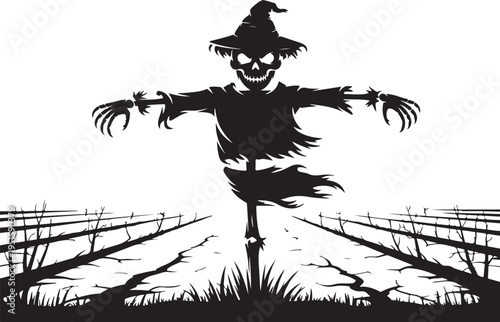 Black silhouette scarecrow with skeleton face in vineyard