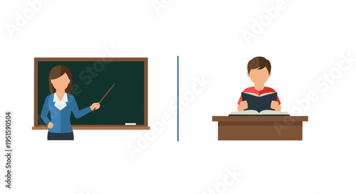 A vector graphic illustration of a teacher and student in a classroom setting on transparent background