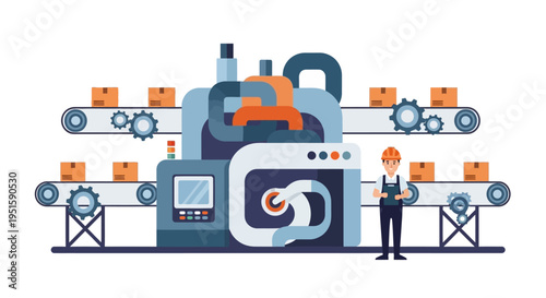 Factory Automation and Production Line with Worker Overseeing Efficient Packaging and Logistics Process