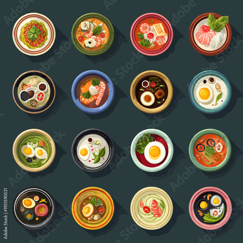 Variety of international soups in bowls on dark background