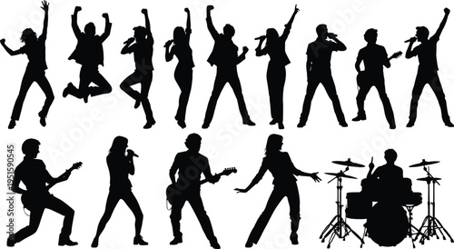 Music band silhouettes collection, singers guitarists drummer performance poses set, rock concert vector illustration, black musician shapes isolated design
