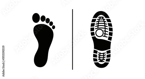 A minimalist vector graphic of a human footprint and shoe sole on transparent background