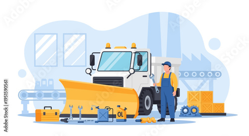 Mechanic Servicing a Snowplow Truck: Industrial Vehicle Maintenance and Repair with Tools