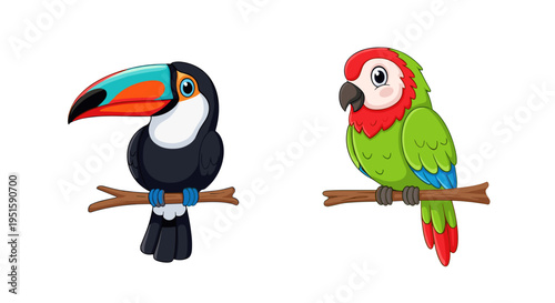 A colorful illustration of two birds, a toucan and a parrot, on transparent background