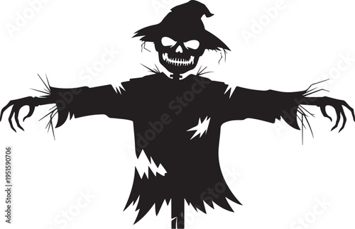Black silhouette scarecrow with skull face and hat