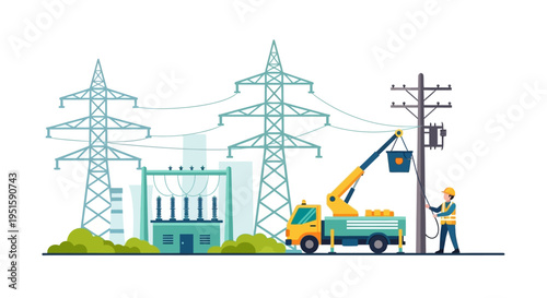 Electrician Lineman Working on Utility Pole with Crane Truck. Power Grid Maintenance and Electricity Transmission Infrastructure. Flat Vector Illustration