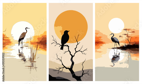 Triptych vector illustration of cranes wading in a calm lake during a orange sunset with sun disk, minimalist Japanese art style.