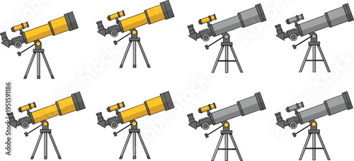 Telescope vector illustration set featuring yellow and grey astronomical instruments on tripods for space observation, stargazing equipment, and science education icons.