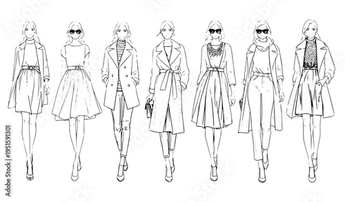 Fashion Model Sketch Set Stylish Women Outfit Line Art Vector