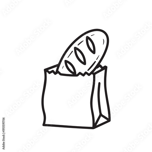 Loaf of Bread in Paper Bag Simple Line Drawing Food Shopping Icon