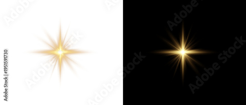 Yellow star flashed with sparkles sun isolated on white background. Soft glow without departing rays, sunlight with lens flare effect. PNG vector light effect.