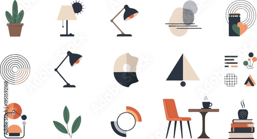 Collection of minimalist icons featuring home decor, abstract shapes, and abstract art