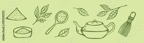 A charming vector illustration featuring a collection of doodle-style cups and mugs filled with matcha tea, set against a vibrant green background.