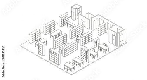 Isometric view of a library interior with bookshelves and reading areas.