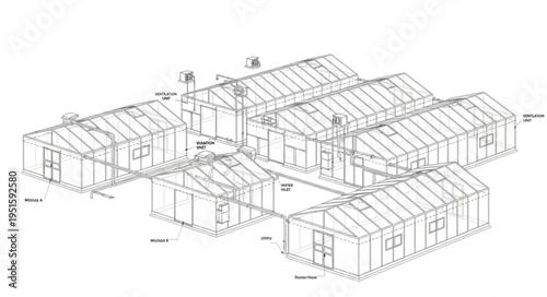 Detailed architectural drawing of a complex building structure with multiple units.