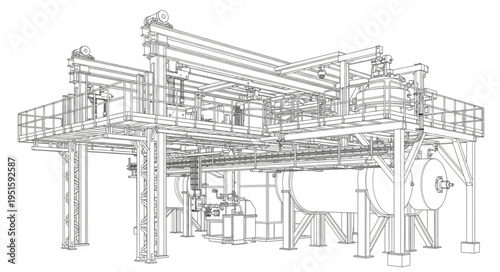 Detailed architectural drawing of a complex industrial structure with intricate framework.