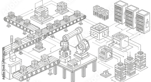Automated industrial robotic arm assembly line manufacturing process.