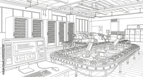 Detailed sketch of a modern office interior with a central workstation and surrounding elements.