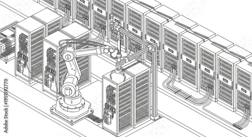 Robotic arm working in a data center, automating server management tasks efficiently.
