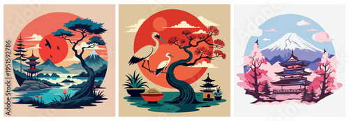 Traditional Japanese nature vector, featuring Mount Fuji, a multi-story pagoda temple, cherry blossom sakura trees, and soft clouds, in a tranquil circle art style.