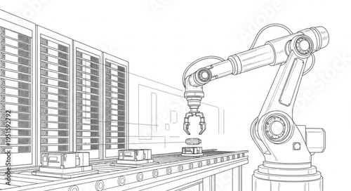 Robotic arm in industrial setting, automation and manufacturing process.