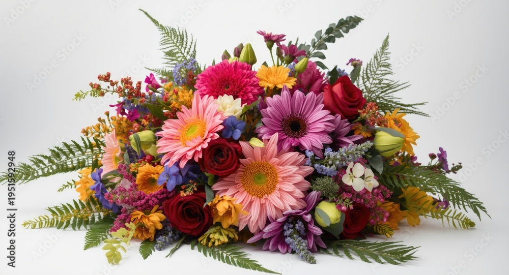 Fototapeta premium Floral mix bouquet with vibrant tones displayed on white background