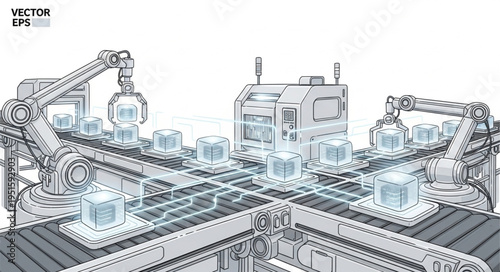 Automated factory line with robotic arms and conveyor belts for efficient production processes.