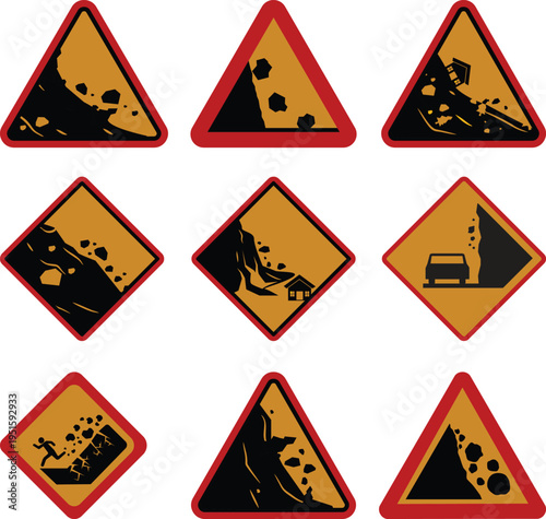 Falling rocks warning sign icon set collection group, landslide danger symbols, road hazard caution signs, rockfall alert vector icons for traffic safety and construction design.