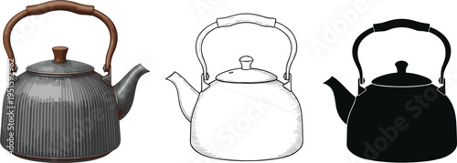 Vintage teapot vector illustration set featuring hand drawn detailed sketch and solid black silhouette icons for kitchen cafe and tea party (2