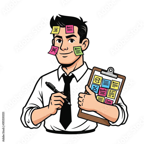 Man with sticky notes on his head and clipboard, planning and organization concept for business and productivity