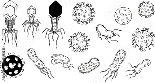 Collection of diverse microscopic organisms including bacteriophages and viruses