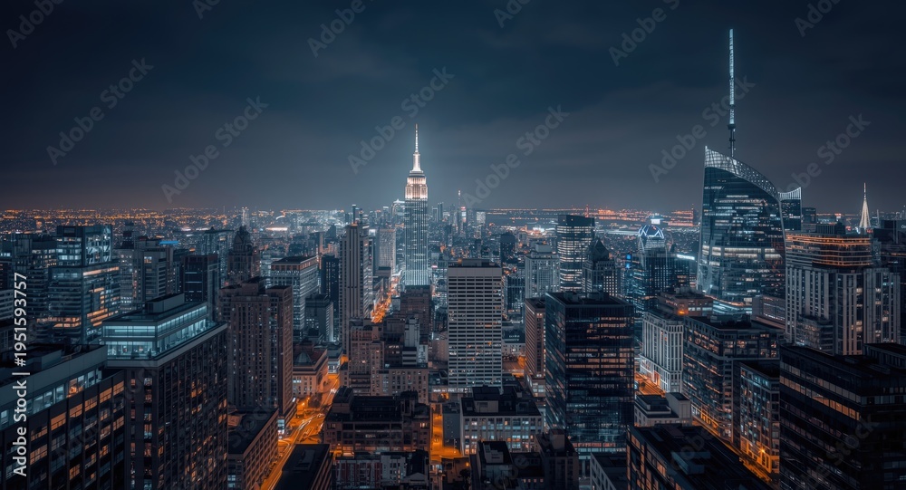 Obraz premium High tech urban vista with towering illuminated buildings at night