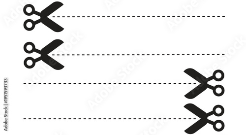 A simple black and white illustration showing two pairs of scissors with dotted lines indicating cutting paths. Scissors cutting paper cut out line border illustration vector. 