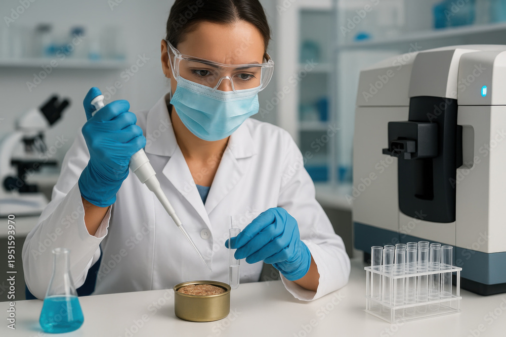 Fototapeta premium Focused female scientist in clinical laboratory conducting food contamination research on canned tuna sample. chemist performing heavy metal analysis with pipette