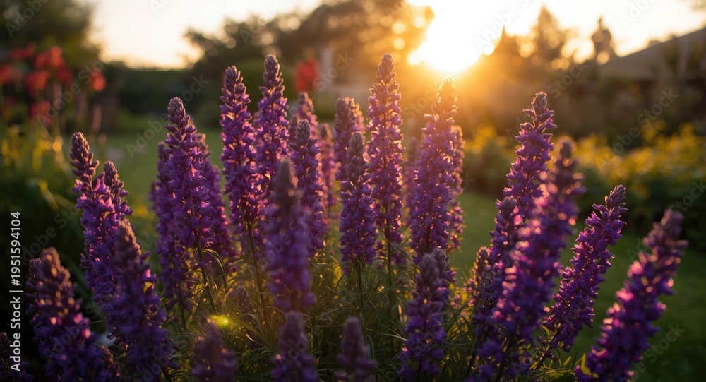 Obraz premium Bright purple flowers flourishing joyfully in garden at summer sunrise