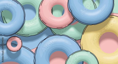 Colorful donut shapes arranged in a close up composition showcasing various pastel hues and soft shadows creating a playful design
