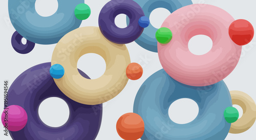 Abstract composition of colorful ring shapes with attached sphere elements floating against a neutral background representing design concepts