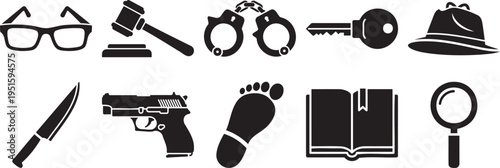 Security and object icon set including glasses gavel handcuff key hat knife gun book footprint and magnifier