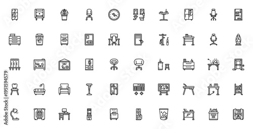 Office furniture icon set. Minimal vector icons pack. Includes locker, desk, chair, cabinet, wardrobe, sofa, lamp, storage and more. Editable stroke.