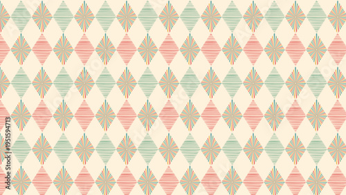 Retro seamless pattern with colorful diamond shapes in striped and textured styles on a beige background. Ideal for wallpaper, textiles, decor.