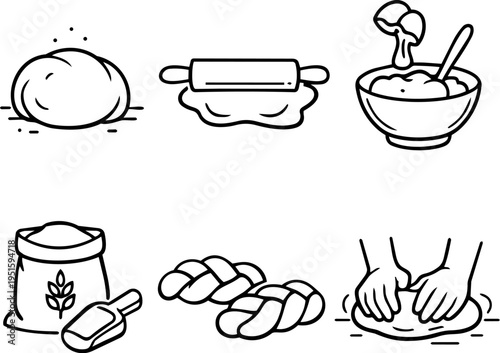 Dough baking process cooking preparation line icons. Vector
