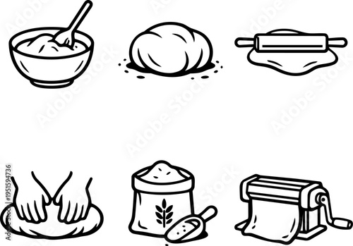Dough baking process cooking preparation line icons
