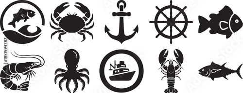Marine life and nautical icon set with fish crab shrimp octopus lobster anchor ship wheel and boat symbol