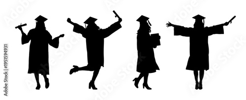 Female graduate girl silhouettes set in gown and cap - vector illustration
