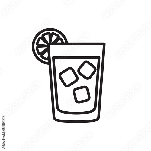 Glass of Iced Drink with Lemon Slice and Ice Cubes Simple Line Art Clean Design