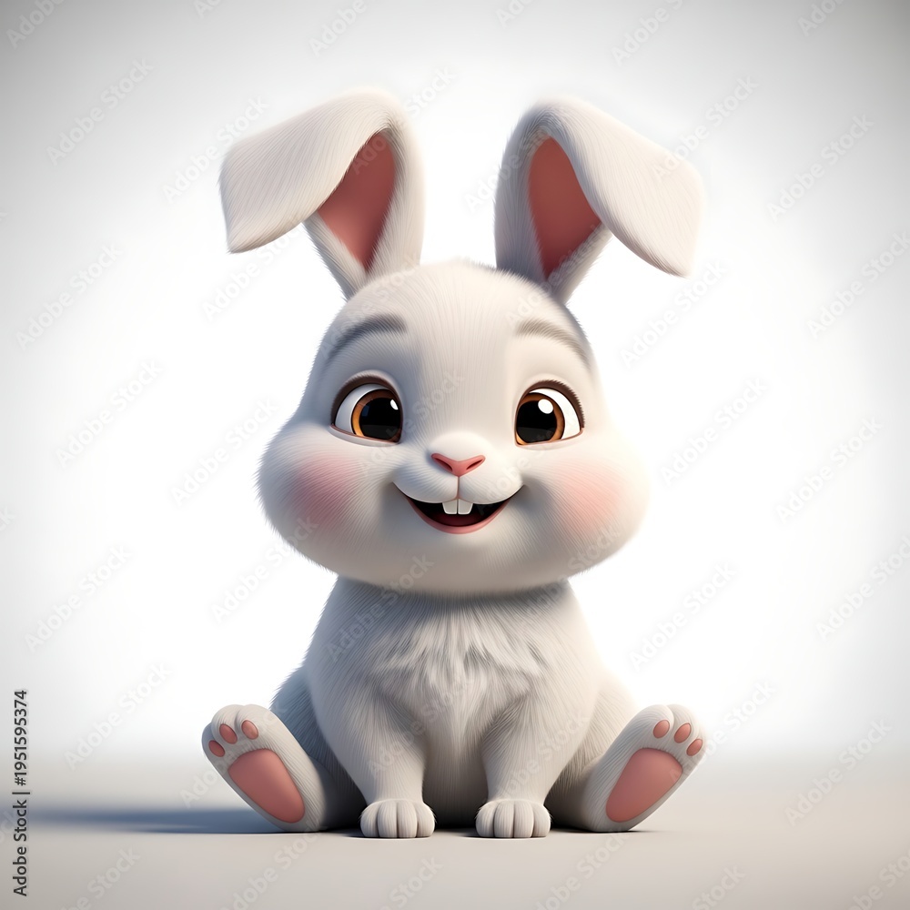 Fototapeta premium A cute cartoon white rabbit with rosy cheeks and a big smile sitting on a plain light background.