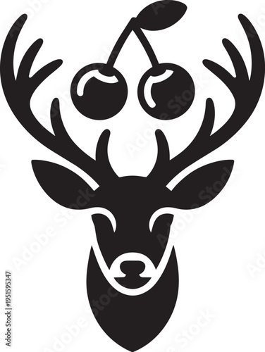 Elegant black silhouette of deer head with cherries on antlers, nature and harvest symbol, transparent background