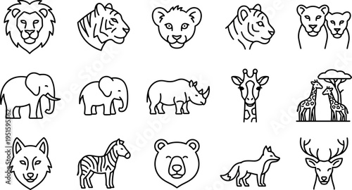 outline animal icon set, vector collection of wild mammals including lion tiger elephant giraffe zebra and others isolated on transparent background